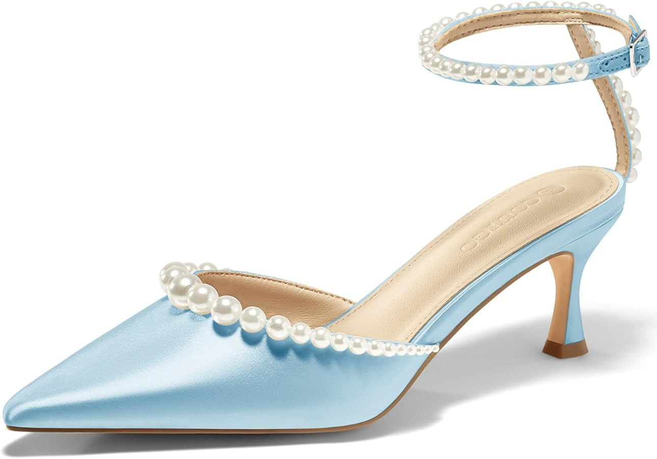 Coutgo Womens Pearl Kitten Heels Closed Pointed Toe Wedding Bride Dress Shoes Ankle Strap Satin P... | Amazon (US)