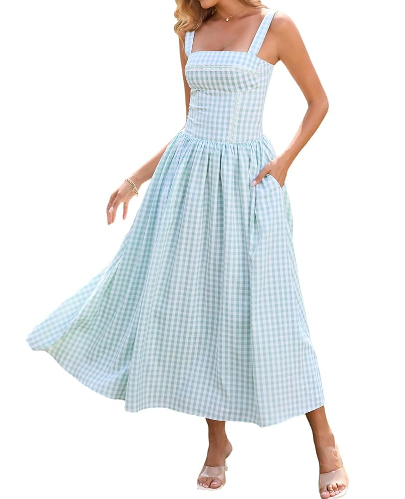 XinFSh Women's Summer Boho Midi Dress Gingham Square Neck Smocked Corset Dresses Casual Flowy Bea... | Amazon (US)