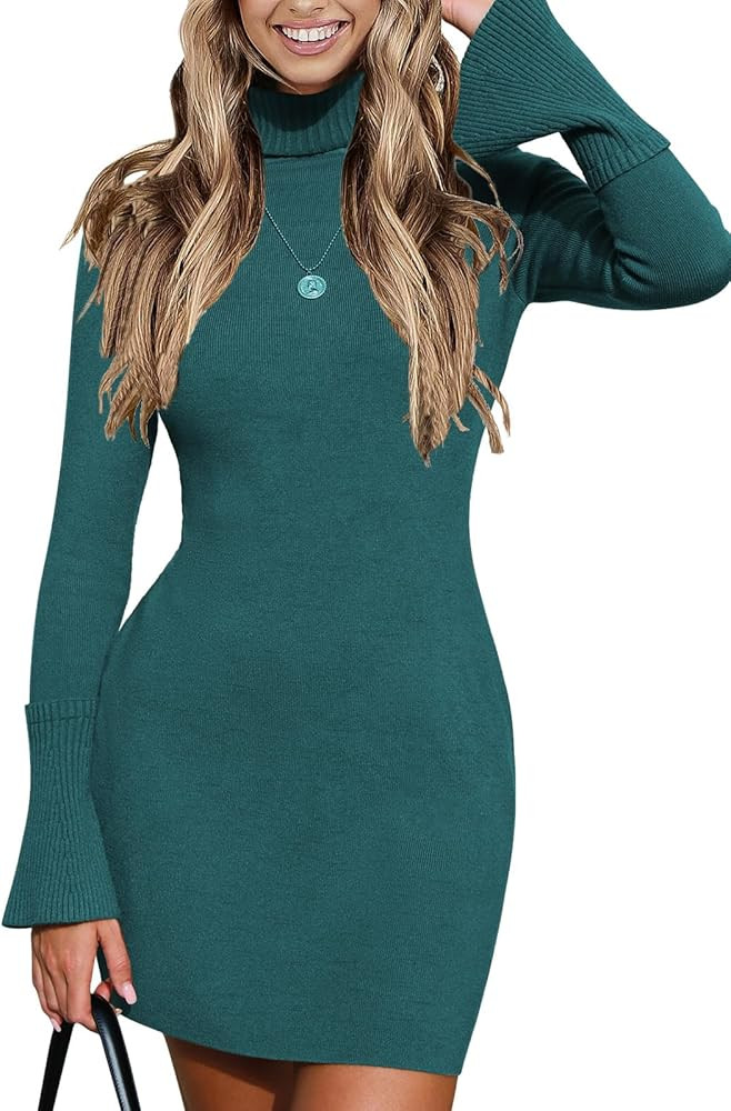 EXLURA Women Sweater Dress Fall Winter Bell Long Sleeve Mini Dresses Turtleneck Pullover Ribbed K... | Amazon (US)
