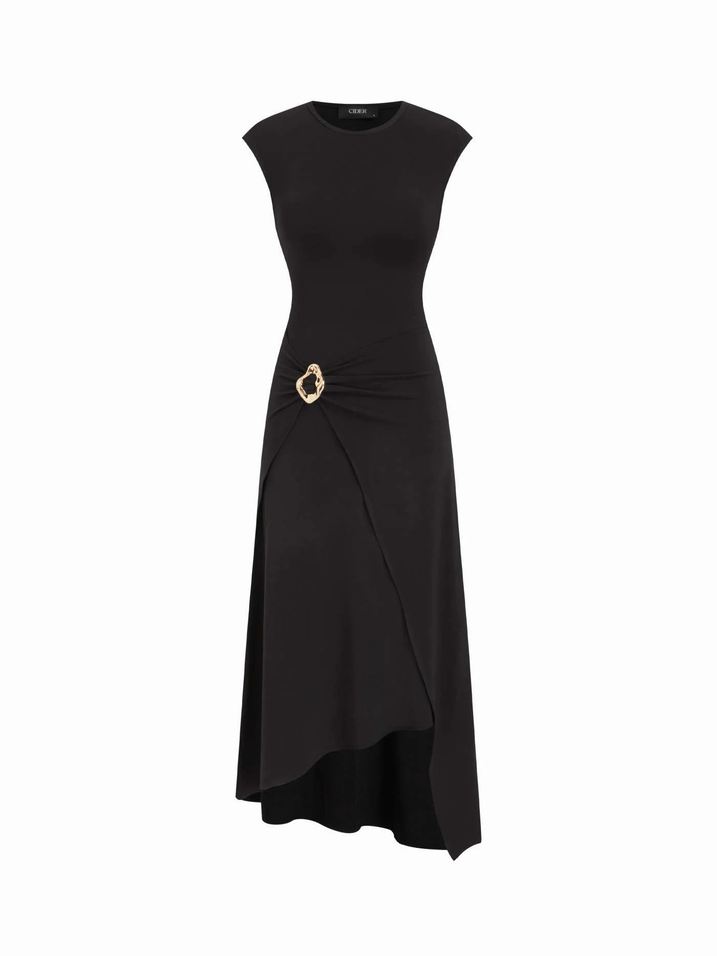 Knit Fabric Round Neckline Metal Detail Ruched Asymmetrical Hem Maxi Dress For Daily Casual | Cider