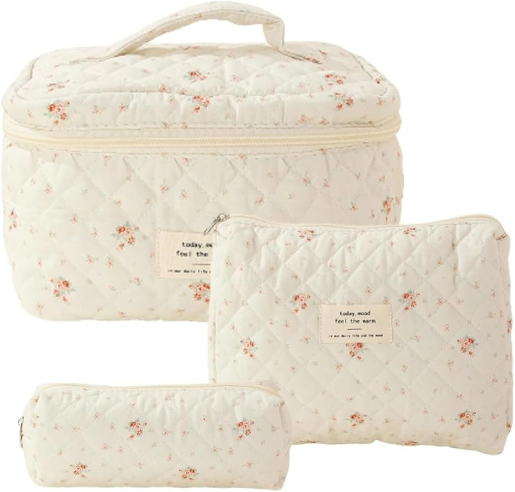 Cute Makeup Bag Aesthetic Floral Quilted Cotton Cosmetic Bag Travel Organizer Toiletry Pouch 3 Pa... | Amazon (US)