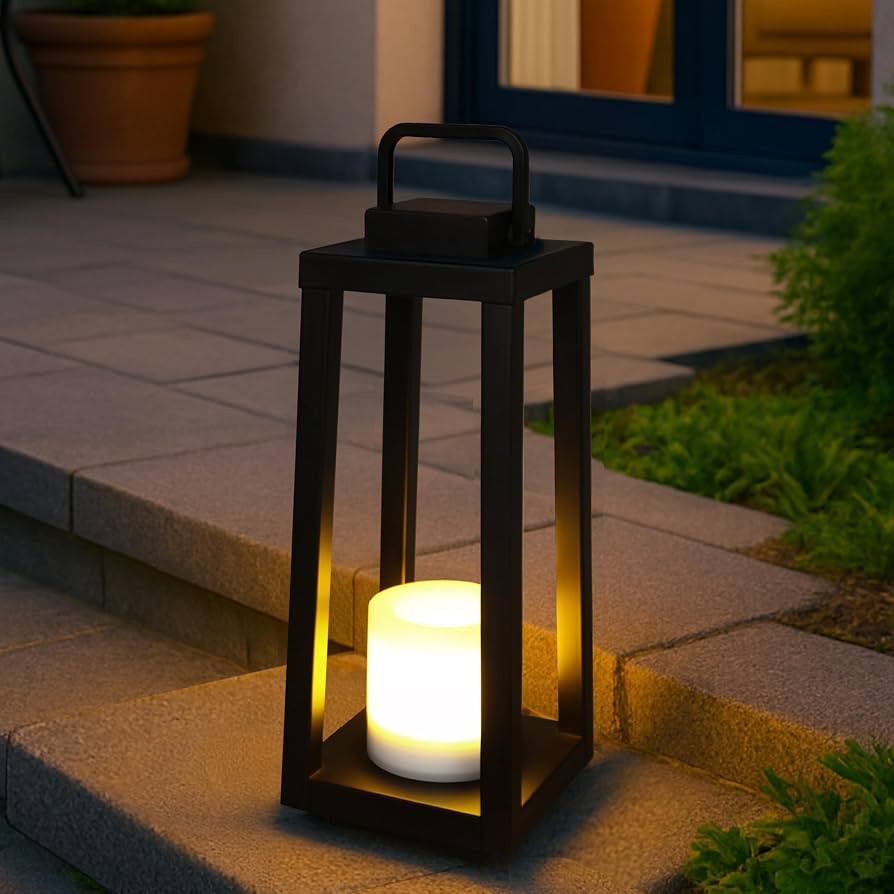 H16 Modern Outdoor Solar Lantern Black Metal Frame with Flickering LED Candle Waterproof and Port... | Amazon (US)