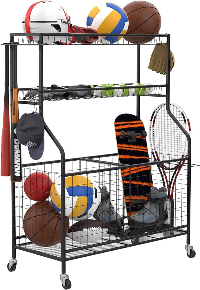 WALMANN Garage Sports Equipment Organizer, Ball Storage Rack Indoor/Outdoor Rolling Ball Cart wit... | Amazon (US)