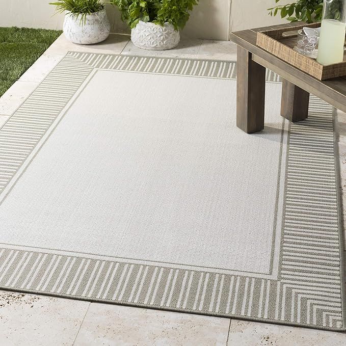 Livabliss Hampshire Solid Border Outdoor Area Rug, 2'5" x 4'5", Taupe/White | Amazon (US)