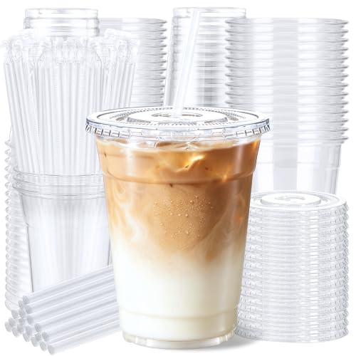 KANJIE 12 oz 100 Pack Clear Plastic Cups with Lids and Straws, Leak-Proof & Kid-Friendly Size Disposable Iced Coffee Cups for Juice, Smoothies and Cocktails, BPA Free PET | Amazon (US)