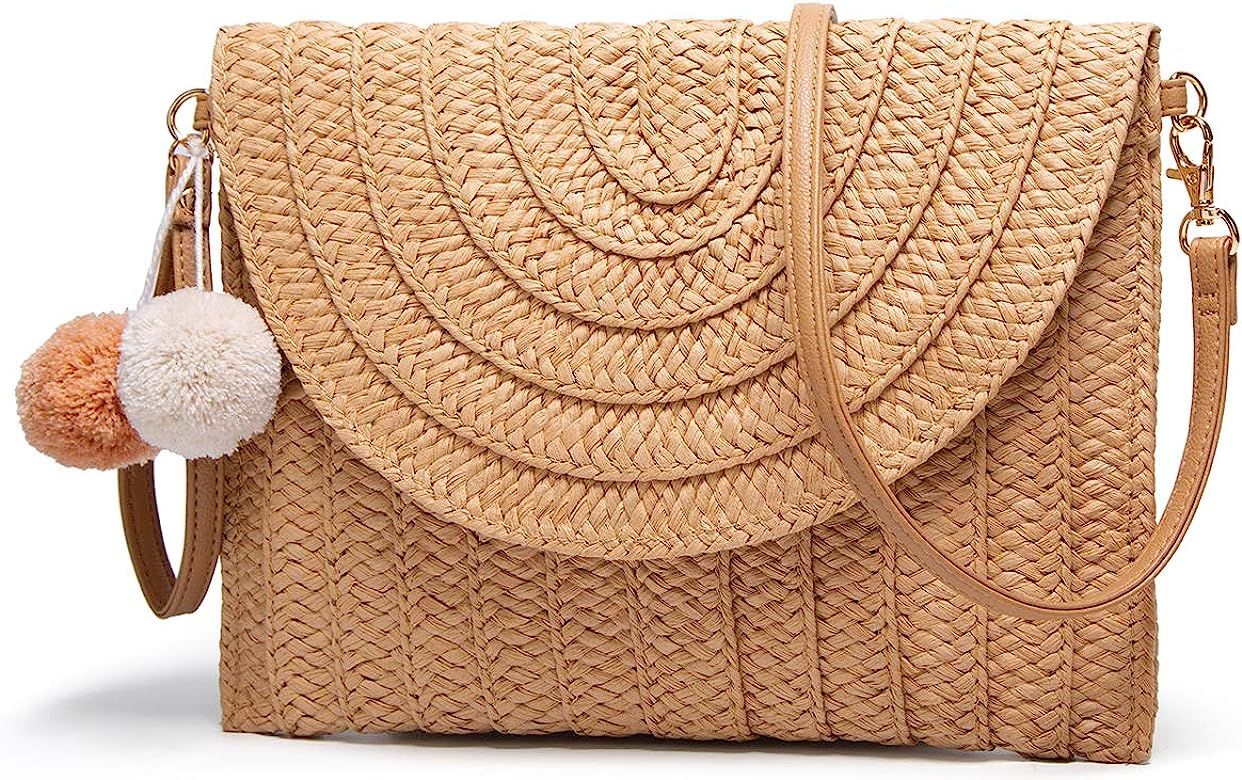 Straw Shoulder Bag Straw Clutch Women Hand-woven PomPom Straw Crossbody Bag Summer Beach Envelope... | Amazon (US)