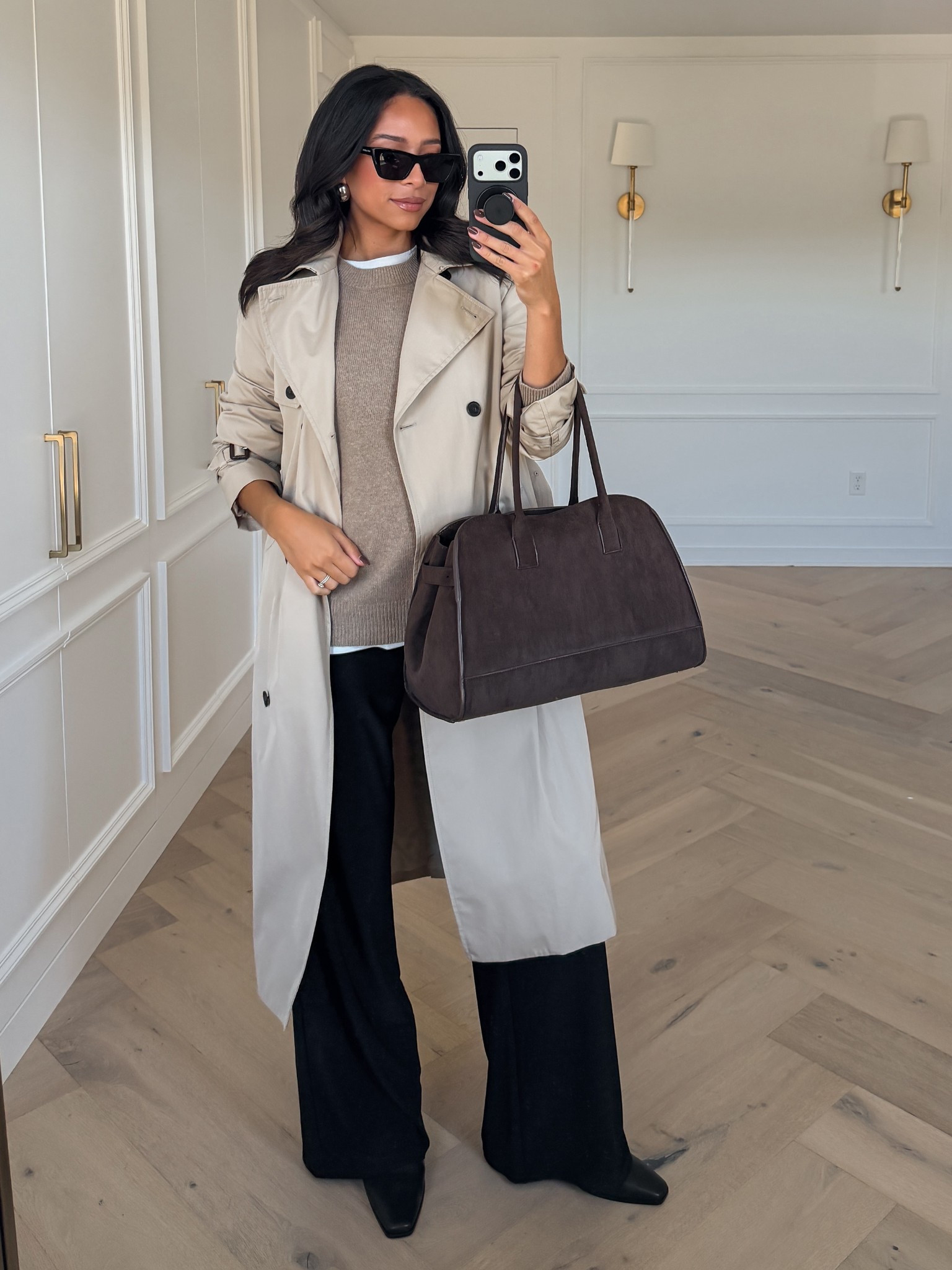 Travel outfit! Also would be perfect the office if you have a smart casual dress code! Sweater is wool and cashmere and so soft and luxe. Pants feel like pjs but look like dress pants! 

Sizing below 👇🏽 
Pants - Medium 
Tee - Small 
Sweater - Medium 
Trench - Small

Airport outfit
Work outfit 
Office outfit 
Errands outfit 

#LTKSeasonal #LTKFindsUnder100 #LTKTravel