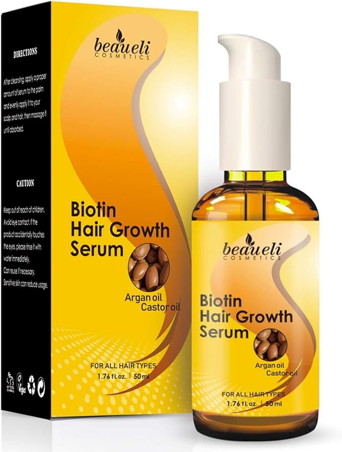 Biotin Hair Growth Serum with Castor Oil, Argan Oil - Hair Loss Prevention Treatment with fine th... | Amazon (US)