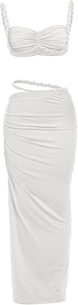 Women's Two Piece Skirt Sets Summer Beach Sexy Ruched Backless Cami Top And Cut Out Skirt Night O... | Amazon (US)