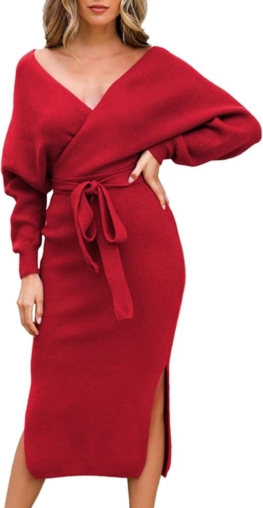 Women's V Neck Sweater Dress Backless Wrap Batwing Sleeve Elegant Belted Knit Midi Dress Slit | Amazon (US)