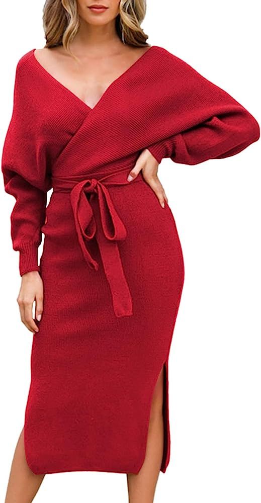 Women's V Neck Sweater Dress Backless Wrap Batwing Sleeve Elegant Belted Knit Midi Dress Slit | Amazon (US)