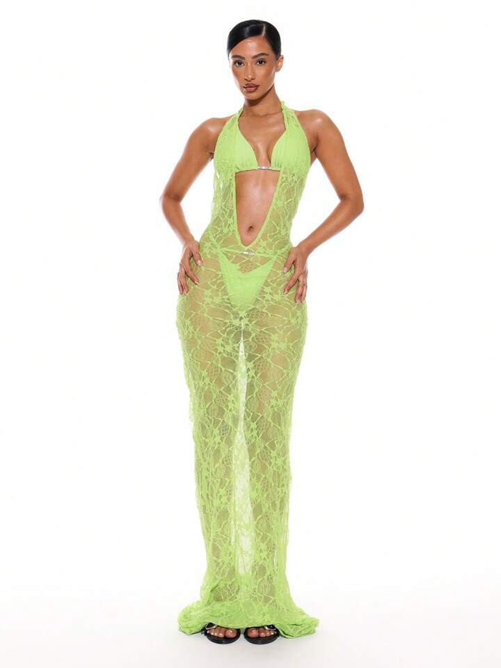 Musera Resort Halterneck Extreme Plunge Front Textured Lace Straight Fit Sexy Club Maxi Dress For Summer Spring Holiday Vacation Ibiza Beachwear Nanoscopic | SHEIN