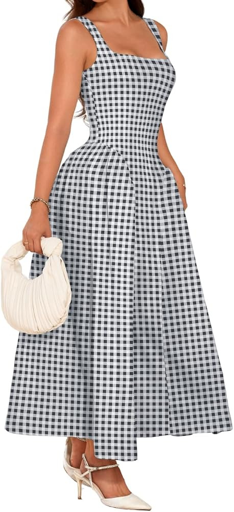ChiaoLezhee Plaid Maxi Dress, A-Line Drop-Waist, Wedding Guest Tea Party, Pastel Gingham Square N... | Amazon (US)