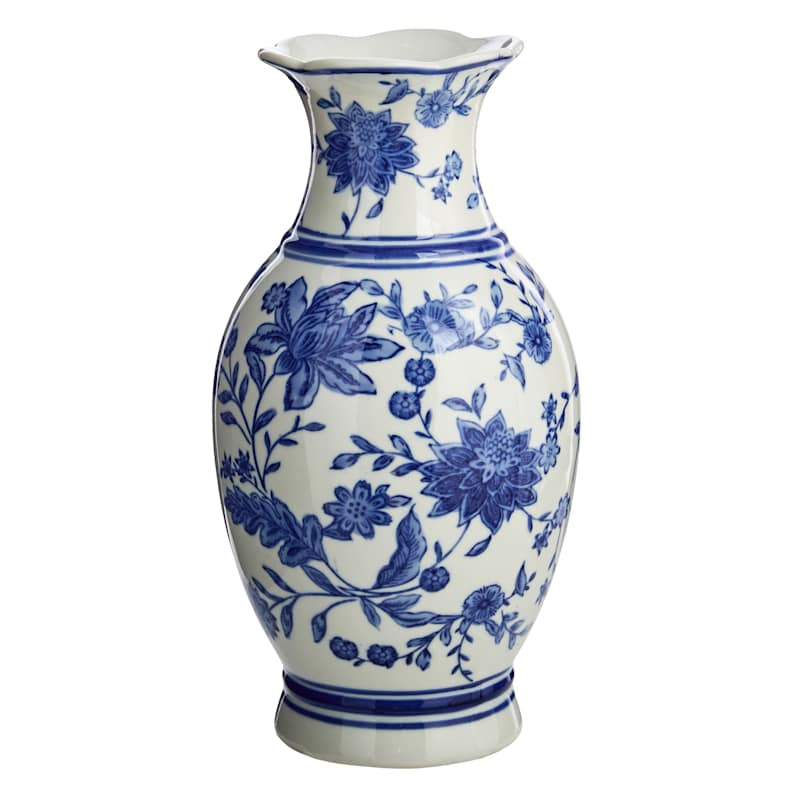 Blue & White Floral Porcelain Vase, 12" | At Home
