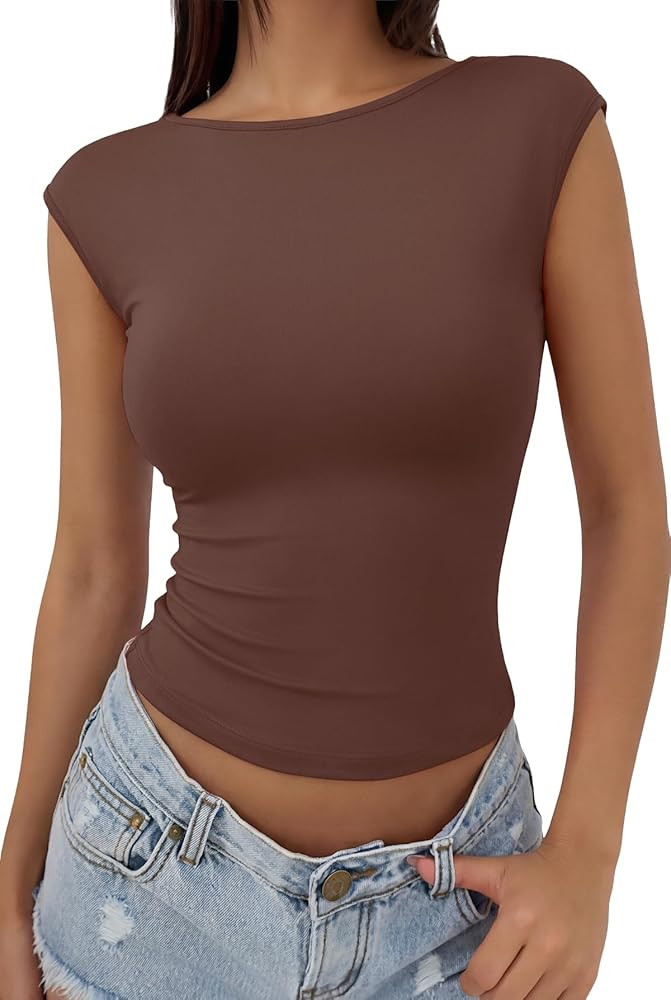 REORIA Butsmooth\u00ae Womens Sexy Backless Going Out Tops Double Lined Boat Neck Cap Sleeve Shir... | Amazon (US)