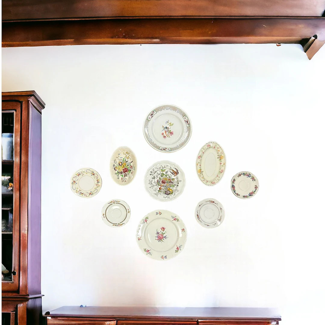 Vintage Floral Ivory Transferware Plate Wall Collection, Ivory Mismatched Dishes Gallery Wall SET... | Etsy (US)