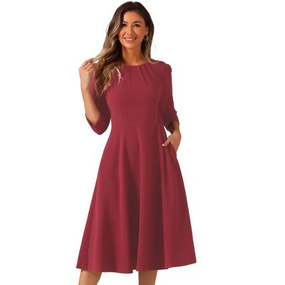 INSPIRE CHIC Women's 3/4 Sleeve Pleated Round Neck Pockets A-Line Swing Work Midi Dress Dark Red X-Small | Target