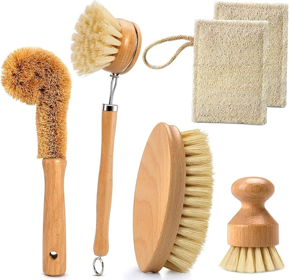 Masthome Natural Kitchen Cleaning Brush Set, 6 Piece Wooden Brush with Loofah Cleaning Cloths Set... | Amazon (US)