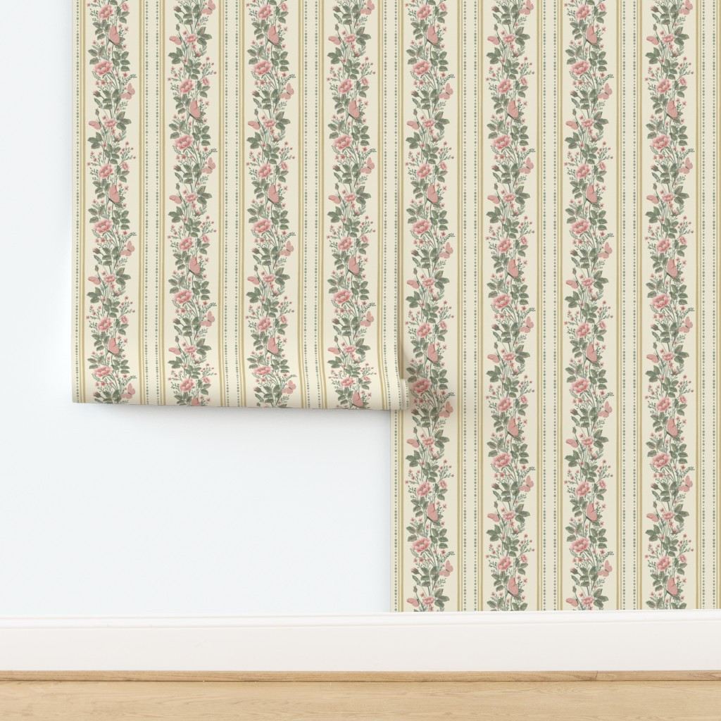 Heirloom Floral Stripe in Cream and Blush - 3 Medium Wallpaper | Spoonflower | Spoonflower