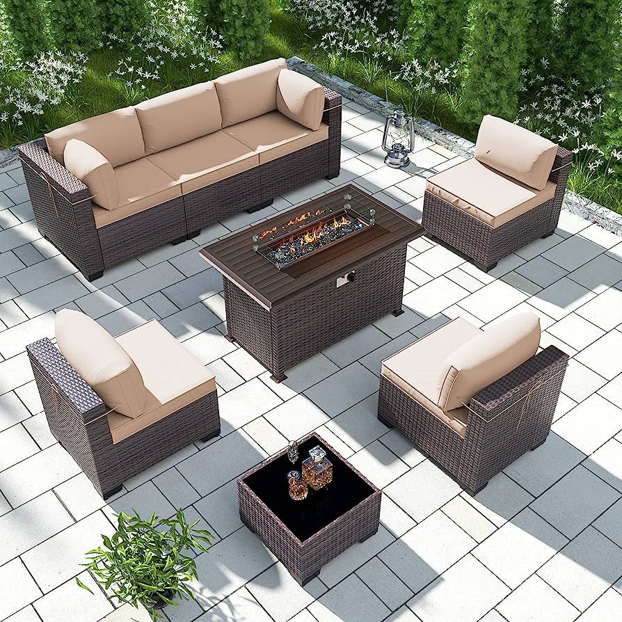 RTDTD Outdoor Patio Furniture Set with Propane Fire Pit Table, 8 Pieces Outdoor Furniture Patio S... | Amazon (US)