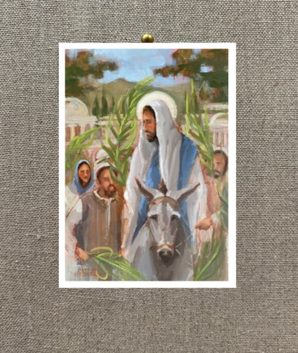 Triumphal Entry 
5x7 fine art print, reproduced on digital press on 110 lb. felt paper. Original art by Patti Christensen.
I love her work and have three other pieces from her and have even taken an art class from Patti!
Grab yours while it’s on sale and have in time for Palm Sunday!
