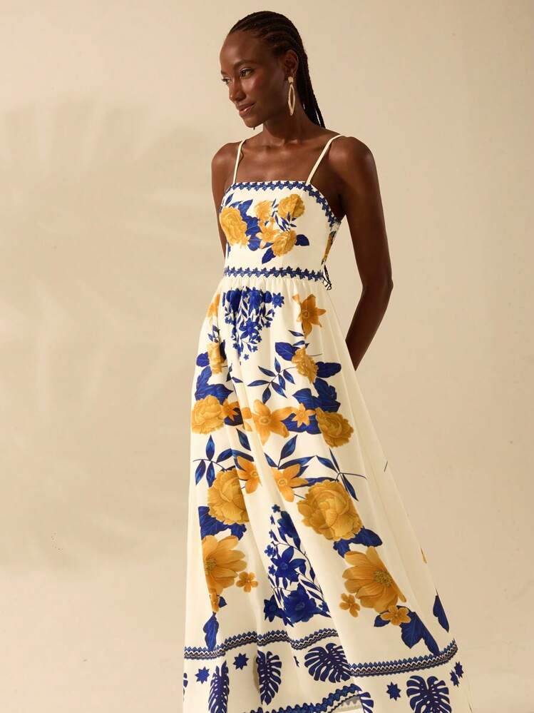 CAJUNI Women's Boho Tropical Color Print, Halter Ultra Long Dress, Summer Casual, Beach Holiday Dress | SHEIN