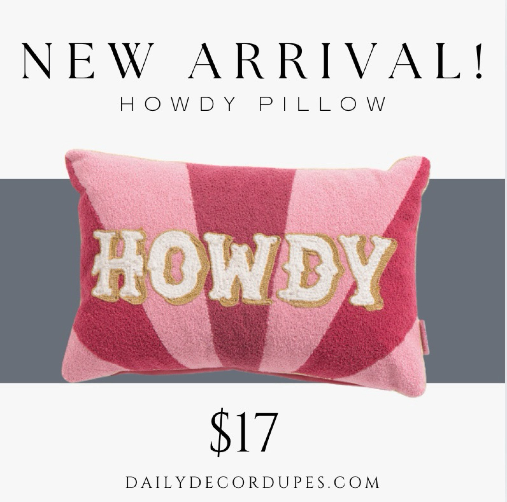 New Arrival! Howdy pillow for under $17. Tufted pink and red accent pillow. Dolly Parton inspired pillow Nashville pillow pink perfect for Bachelorette air b&b decor. Dupe dupes more affordable option find replica copy cat similar look for less budget friendly affordable cheap cheaper beautiful pretty. Love dupes like these? I share multiple every day in my Facebook group “DAILY DECOR DUPES”

#LTKSummerSales #LTKHome #LTKFindsUnder50