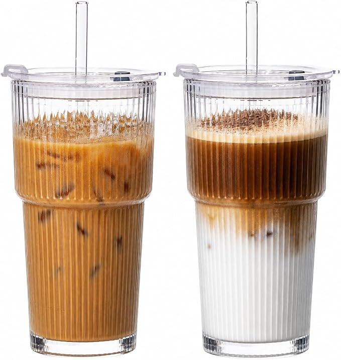 20oz Iced Coffee Cups with Lids, Glass Coffee Cups with Lids and Straws | Amazon (US)