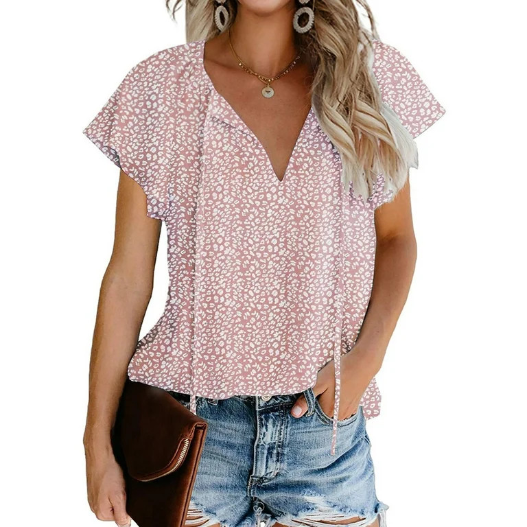 Fantaslook Blouses for Women Floral Print V Neck Ruffle Short Sleeve Shirts Casual Summer Tops | Walmart (US)
