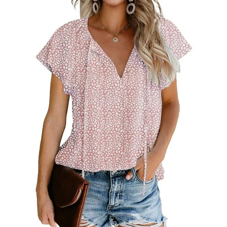 Fantaslook Blouses for Women Floral Print V Neck Ruffle Short Sleeve Shirts Casual Summer Tops - ... | Walmart (US)