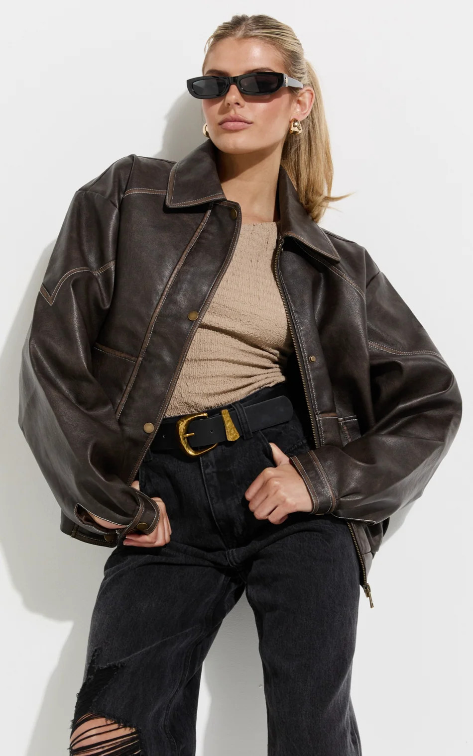 Faux Leather Bomber Jacket in Washed Brown | Showpo (ANZ)