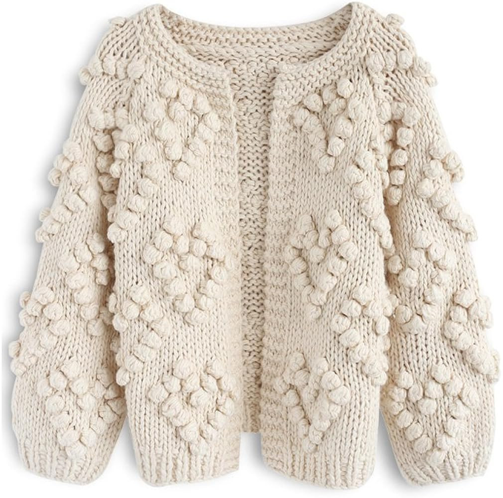 CHICWISH Women's Soft Heart Shape Balls Hand Knit Open Front Hot Pink/Ivory/Lavender/Pink/Army Green | Amazon (US)