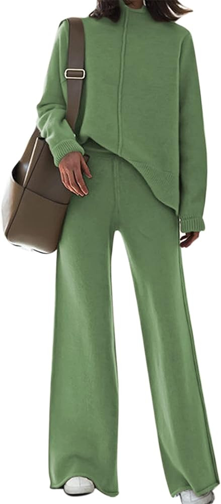 Linsery Women 2 Piece Sweater Sets High Neck Knitted Pullover Wide Leg Casual Sweatsuit | Amazon (US)