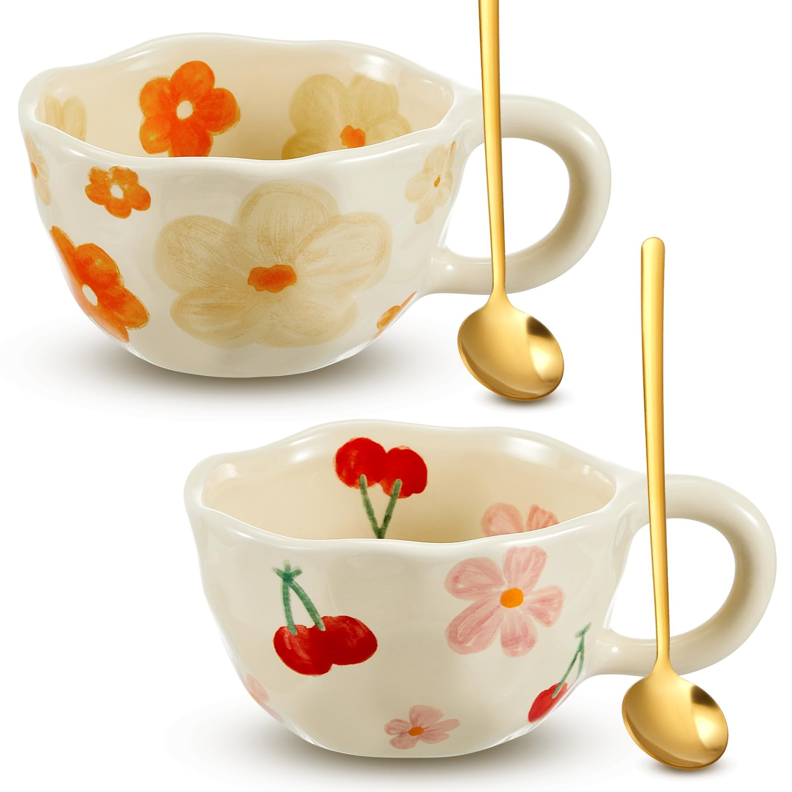 Vesici 2 Pcs Ceramic Coffee Mugs Flower Cups with Spoon Vintage Floral Mugs with Handle 8.5 oz Ae... | Amazon (US)