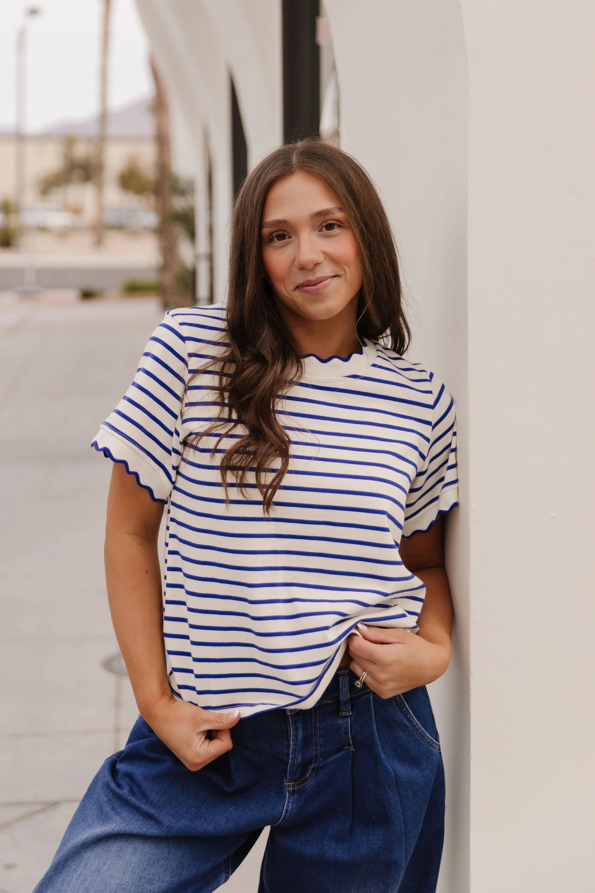 THE RORY SCALLOPED STRIPE TOP IN BLUE | Pink Desert