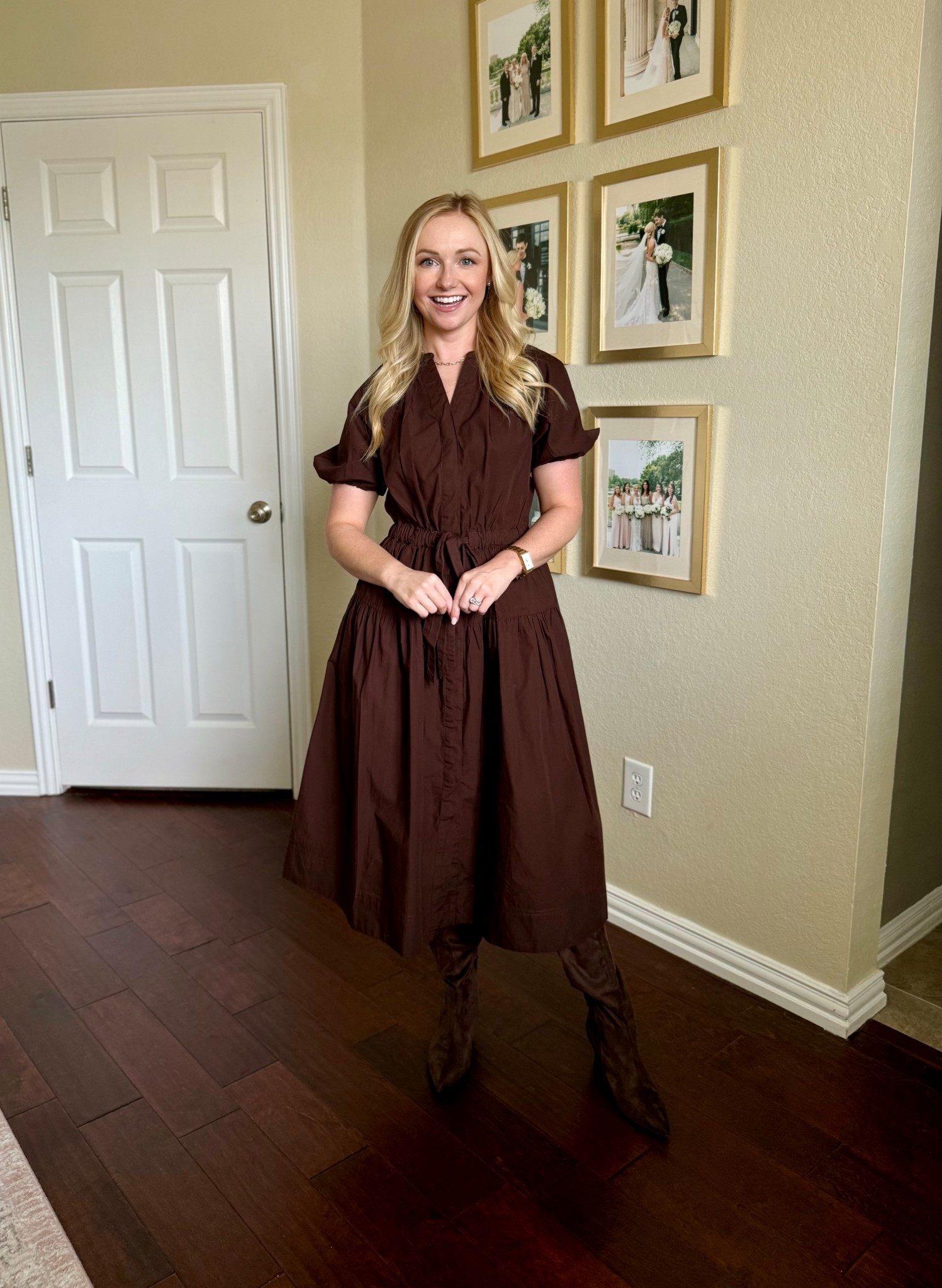 This chocolate brown midi dress is so pretty for fall! Great for teachers or family photos! Wearing an XS 

#LTKFindsUnder50 #LTKPetite #LTKSeasonal