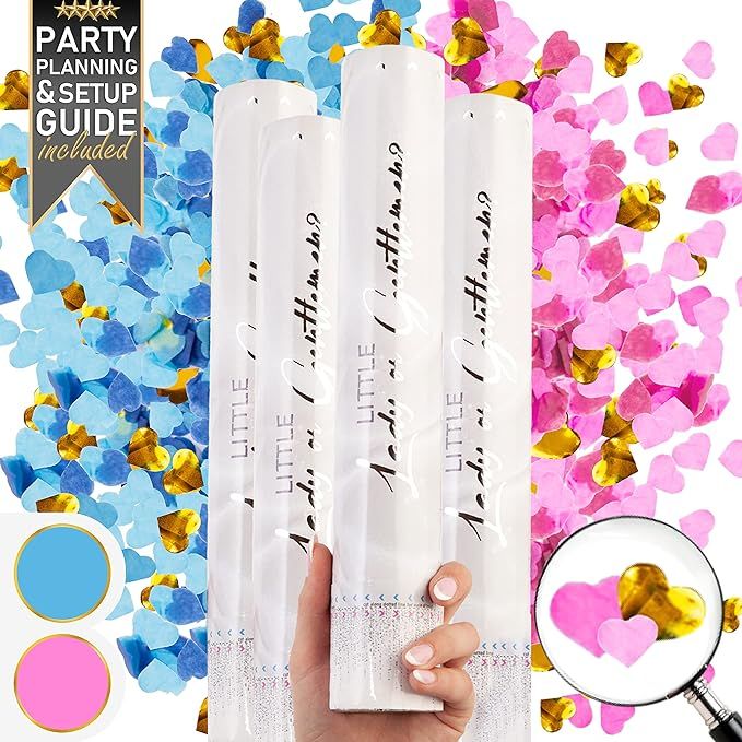 Premium Gender Reveal Confetti Cannon - Set of 4 - Heart Shaped Confetti x4 in Pink or Blue, for ... | Amazon (US)