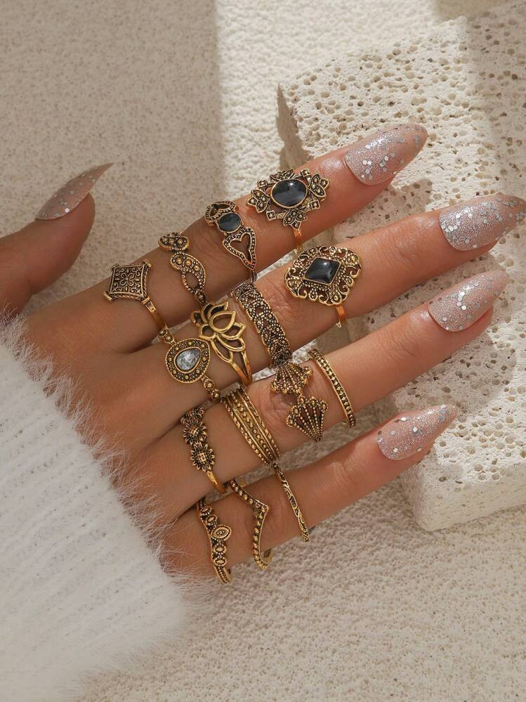 15pcs Vintage Exaggerated Hollow Out Carved Flower & Leaf Shaped Big Gem Lotus Ring Set For Women... | SHEIN