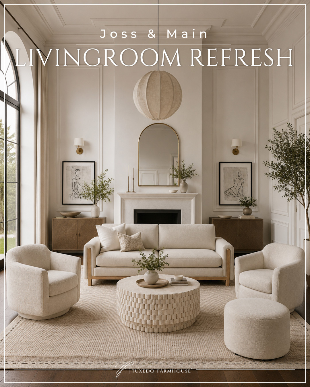 Soft neutrals, warm wood tones, and timeless textures make this living room feel both elevated and inviting. I’m loving the cozy swivel chairs, oversized woven coffee table, and the beautiful high-ceiling details that bring the whole space together. Every piece adds that calm, collected look I always gravitate toward for a classic home refresh. Shop all my favorite Joss & Main finds linked in my LTK! 🤍✨ 

 #LTKSeasonal #LTKHome #LTKSaleAlert