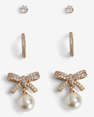 Set Of 3 Rhinestone Pearl Bow Earrings | Express