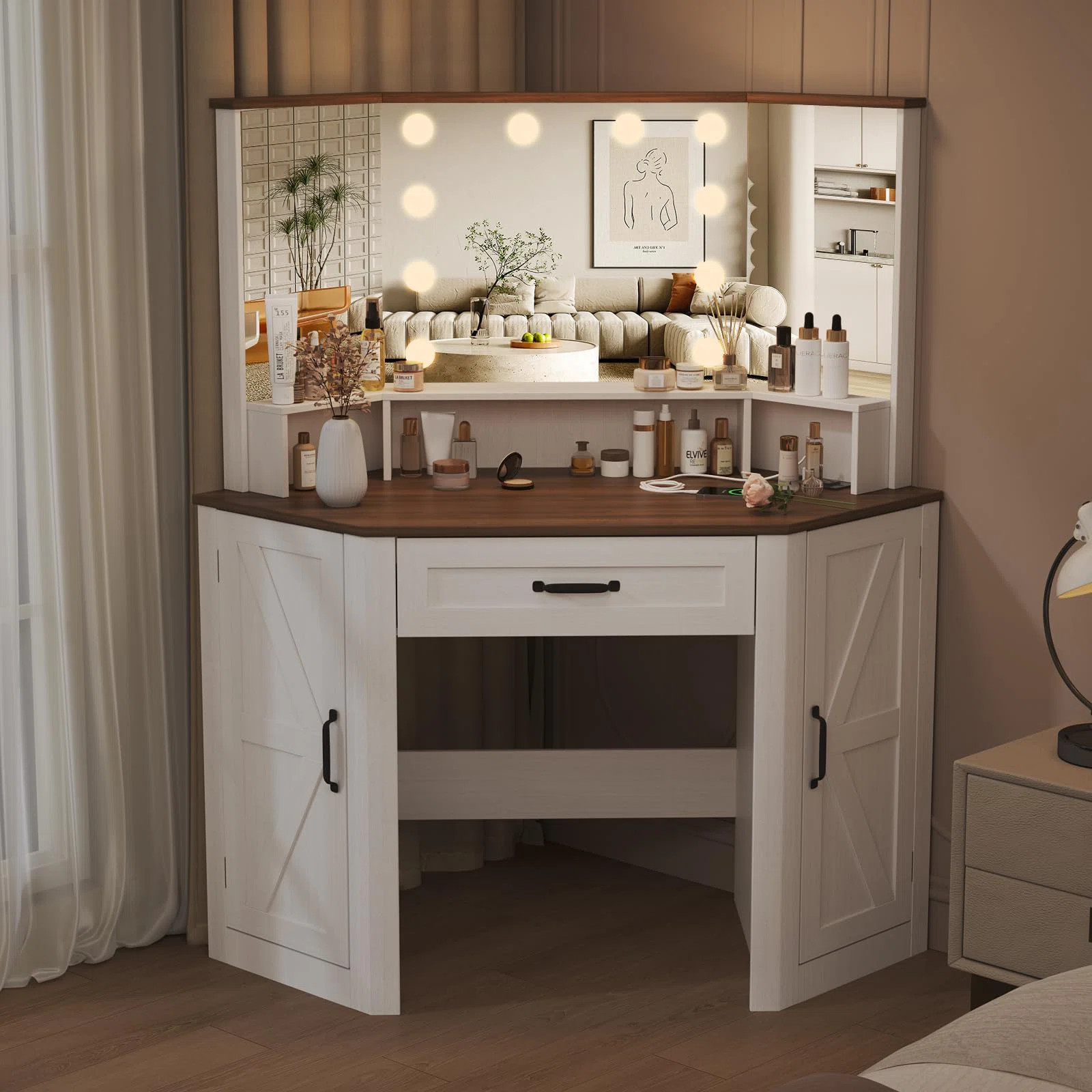 Corner Vanity Desk With Lighted Mirror & Charging Station | Wayfair North America