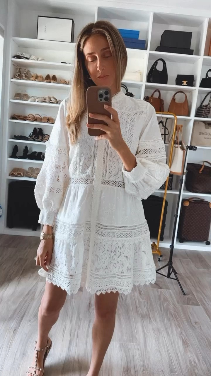 A beautiful embroidered minidress. Very comfortable and so feminine. Runs tts, wearing a size small.
My stats - 
Clothes: Size S/2 - Jeans 27
Footwear: Size 9 
Height: 5'9" tall
Weight: 127 lbs

#LTKOver40 #LTKSeasonal #LTKStyleTip