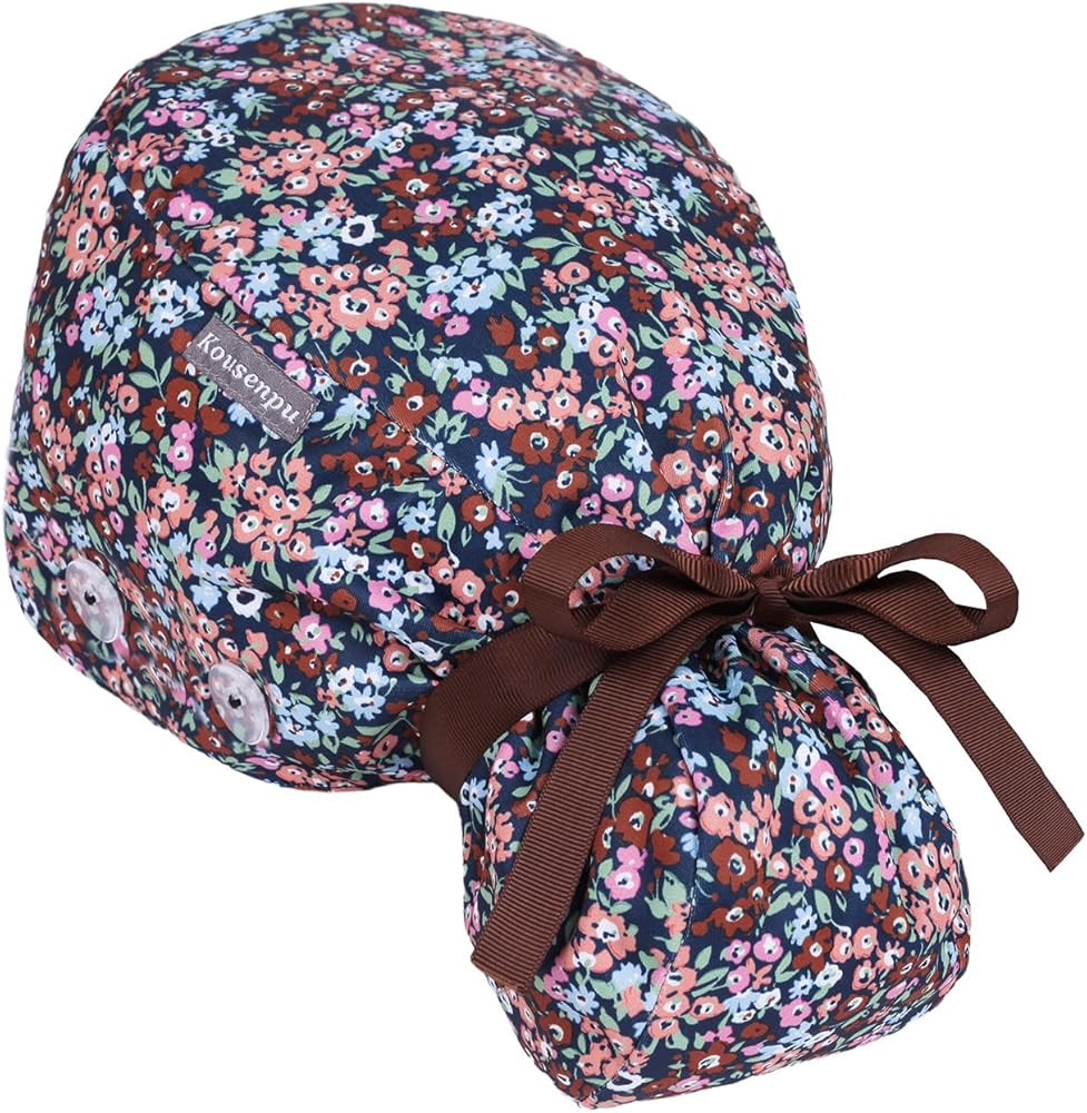 Satin Lined Scrub Cap Women with Ponytail Hole & Buttons,Adjustable Surgical Nurse Hat with Cotto... | Amazon (US)