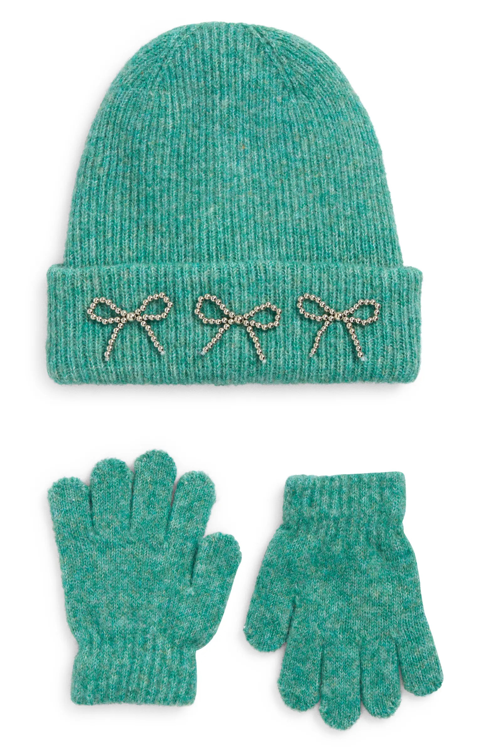 Ruby & Ry Three Bow Cuff Beanie & Knit Gloves Set | Nordstrom | Nordstrom