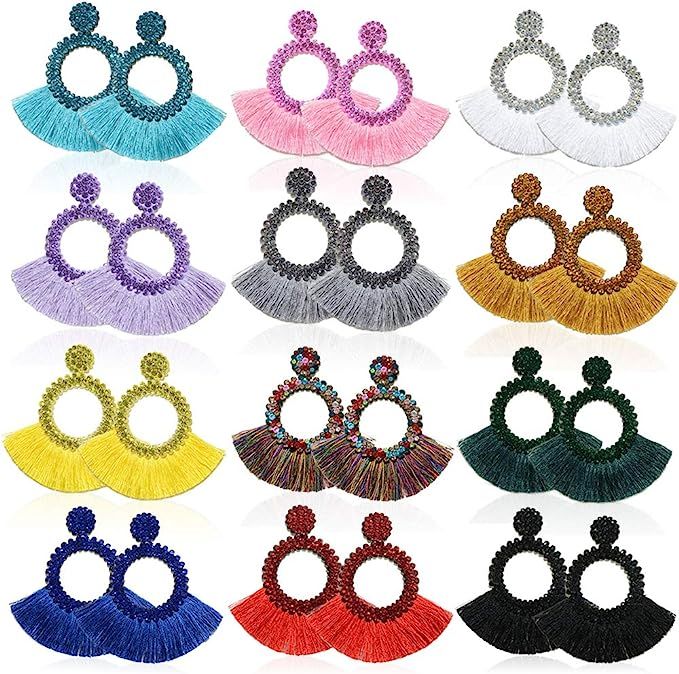 12 Pairs Tassel Hoop Earrings Bohemia Fan Shape Drop Earrings Fringe Dangle Earrings for Women | Amazon (US)