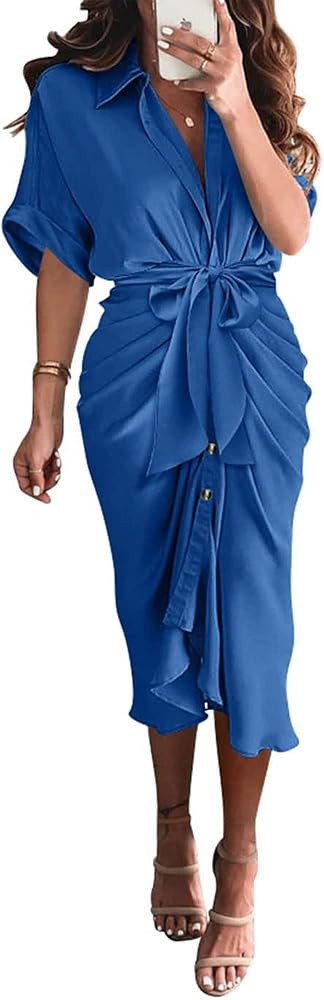BTFBM 2024 Women Button Down Ruched Shirt Dresses Short Sleeve Lapel V Neck Elegant Party Spring ... | Amazon (US)