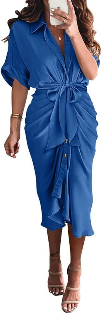 BTFBM Women 2023 Button Down Ruched Shirt Dresses Short Sleeve Lapel V Neck Elegant Party Spring ... | Amazon (US)