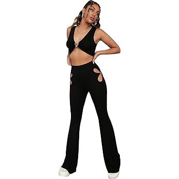 MakeMeChic Women's 2 Piece Outfits Deep V Neck Crop Tank Top Cutout Flare Pants Set | Amazon (US)
