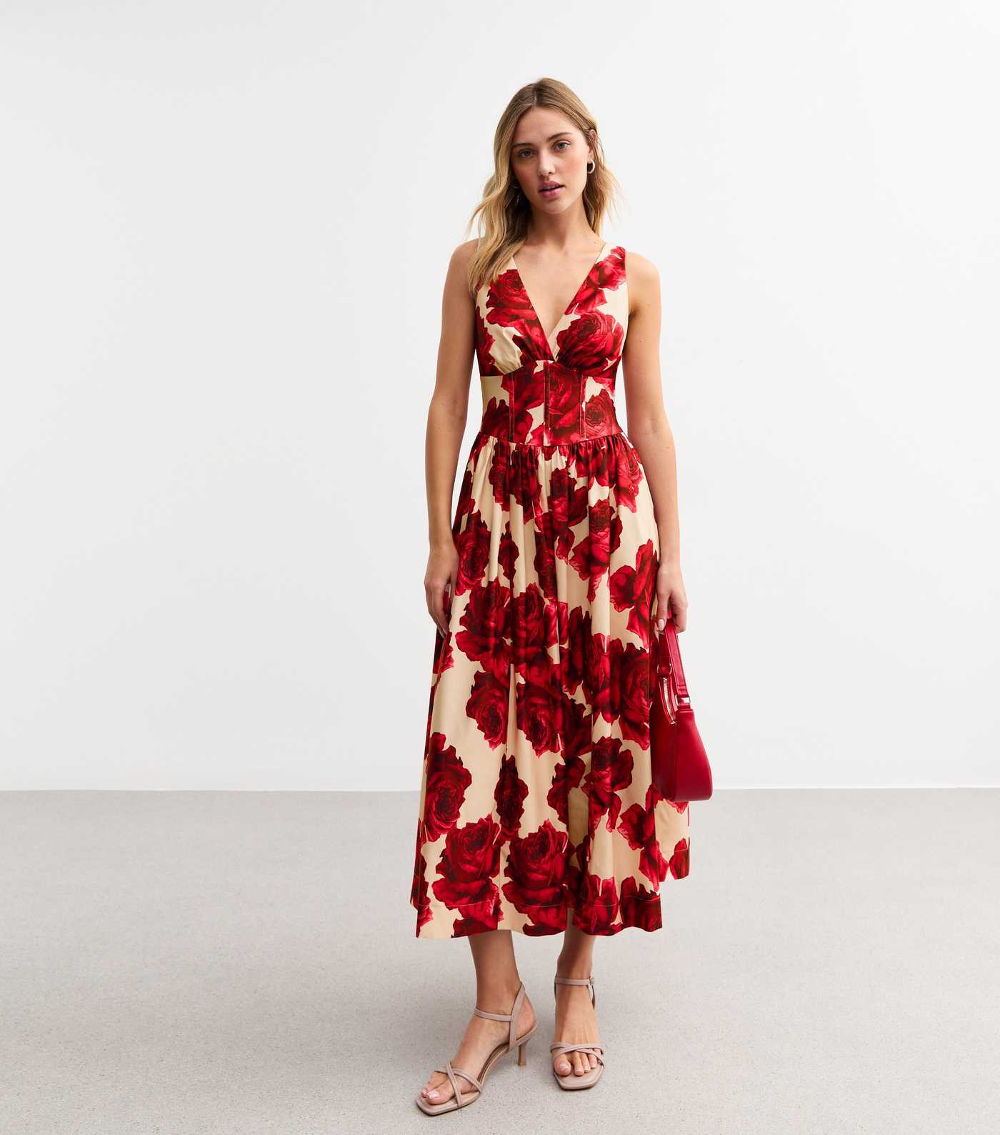 Light Pink Rose Print Corset Midi Dress | New Look | New Look (UK)