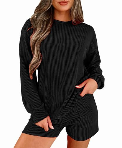 Opemiby Womens Ribbed Pajama Sets Long Sleeve Top and Shorts Matching Lounge Set Loungewear Sweatsuit with Pockets Solid Black 2XL | Amazon (US)